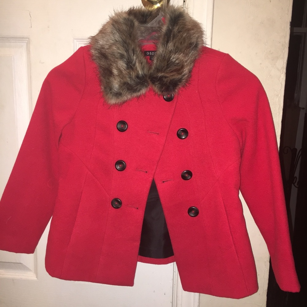 Girls Red Faux Fur Pea Coat